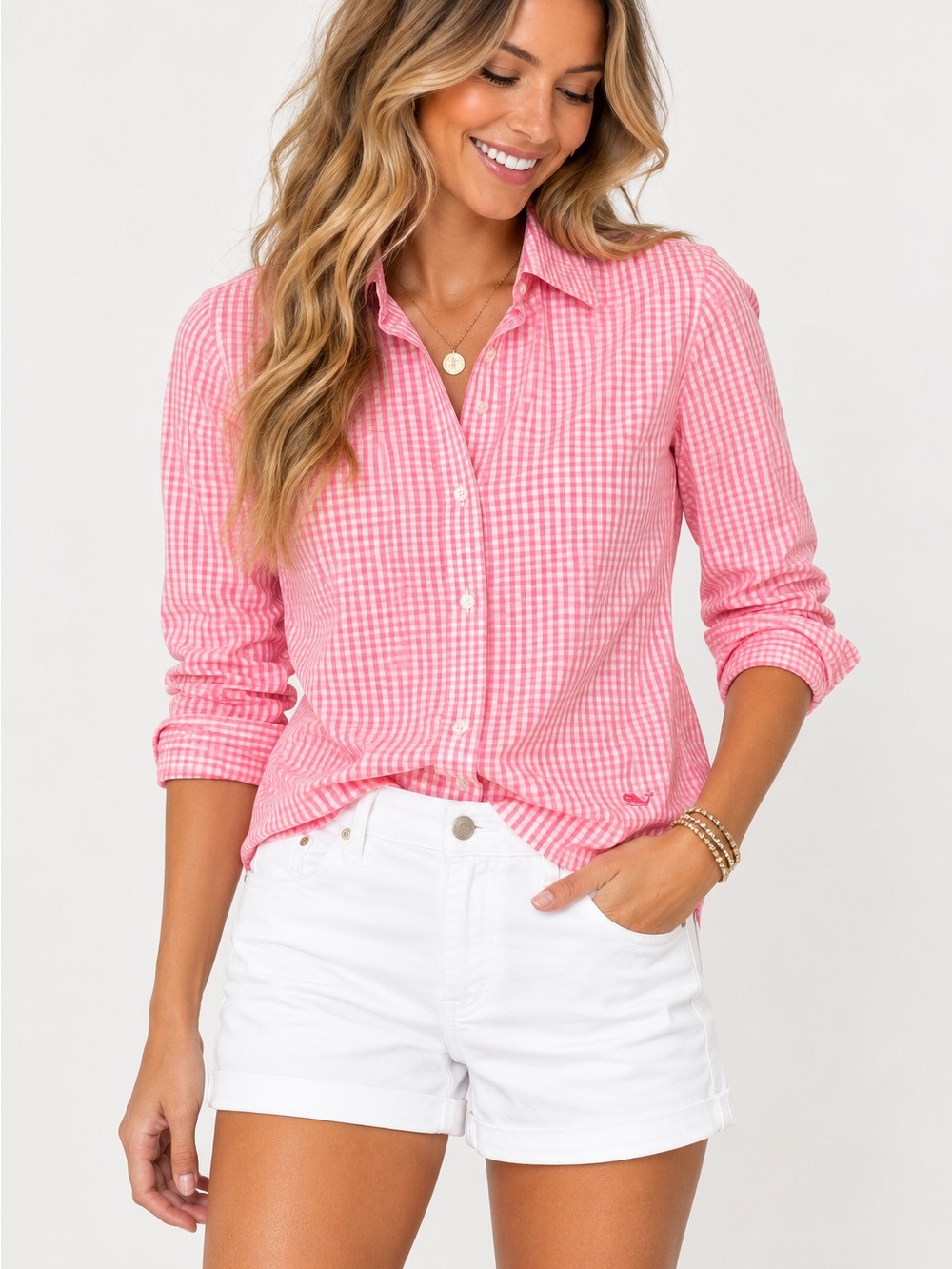 Vineyard Vines Women's Pink Gingham Button-Down Shirt - Brand